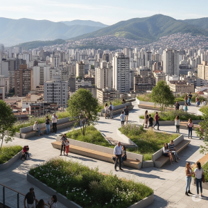 terraço público, fruto da revitalização do centro de Belo Horizonte. Nele, pessoas socializam e desfrutam do lazer, da paisagem exuberante e da vista da cidade, com a Serra do Curral ao fundo