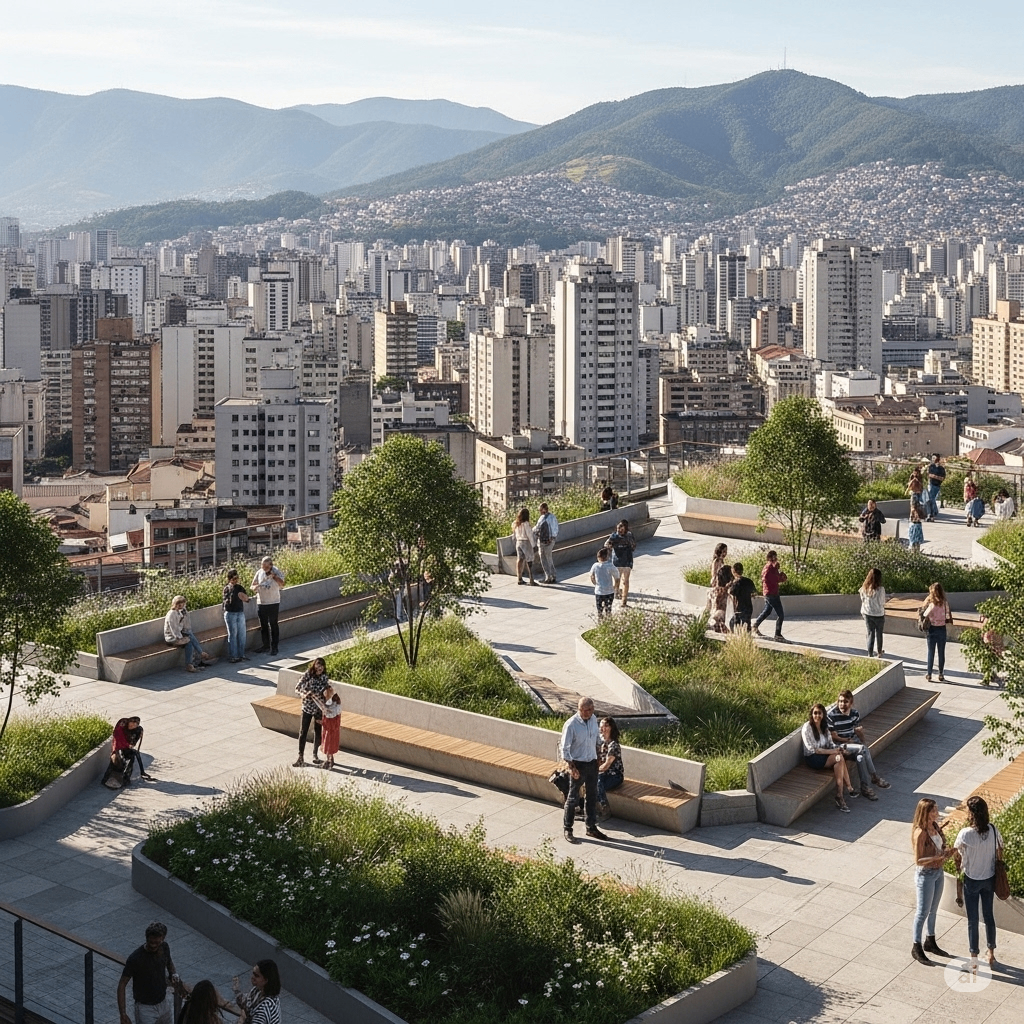 terraço público, fruto da revitalização do centro de Belo Horizonte. Nele, pessoas socializam e desfrutam do lazer, da paisagem exuberante e da vista da cidade, com a Serra do Curral ao fundo